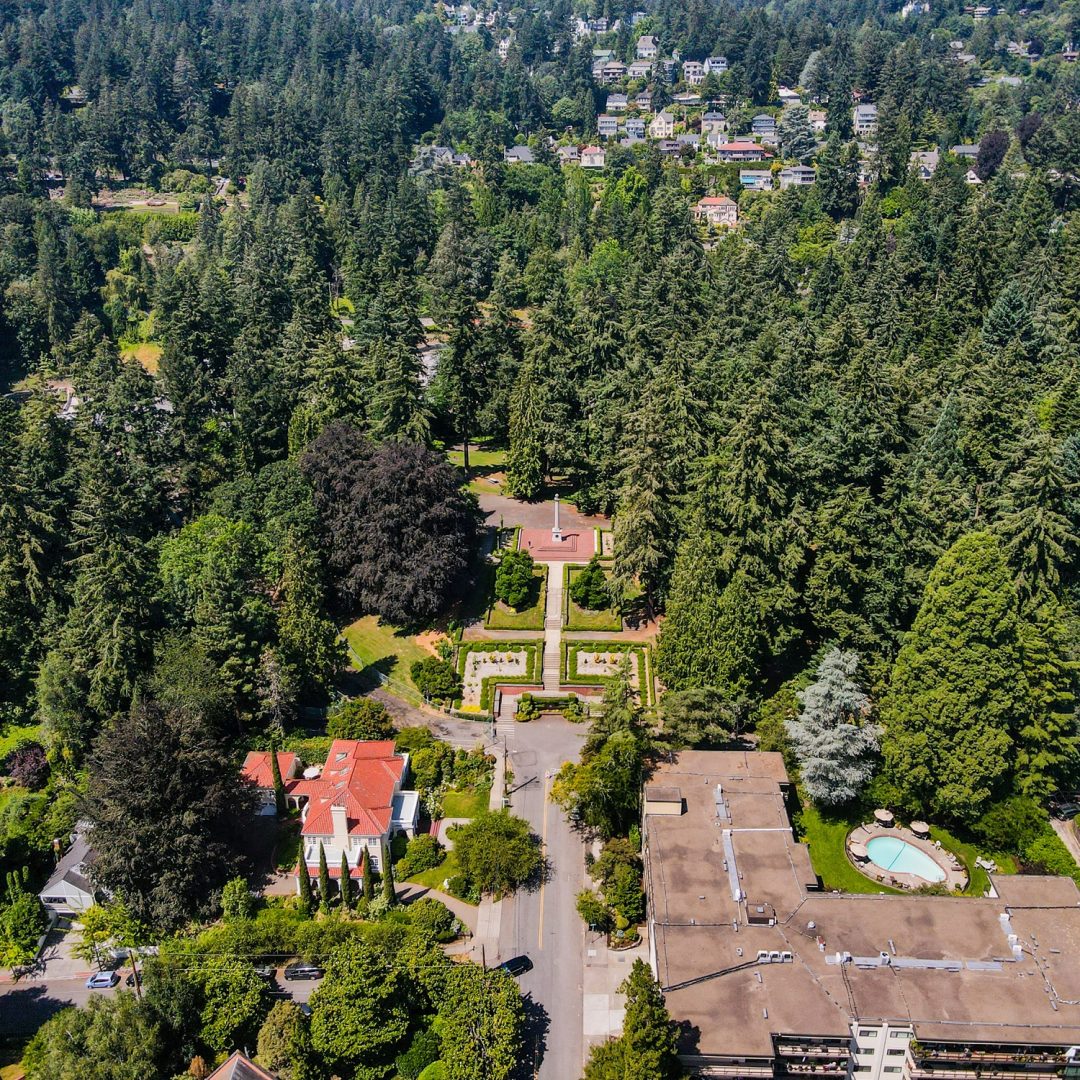 Aerial landscape of Washington Park forest Portland nature sunny summer day in PNW Oregon USA